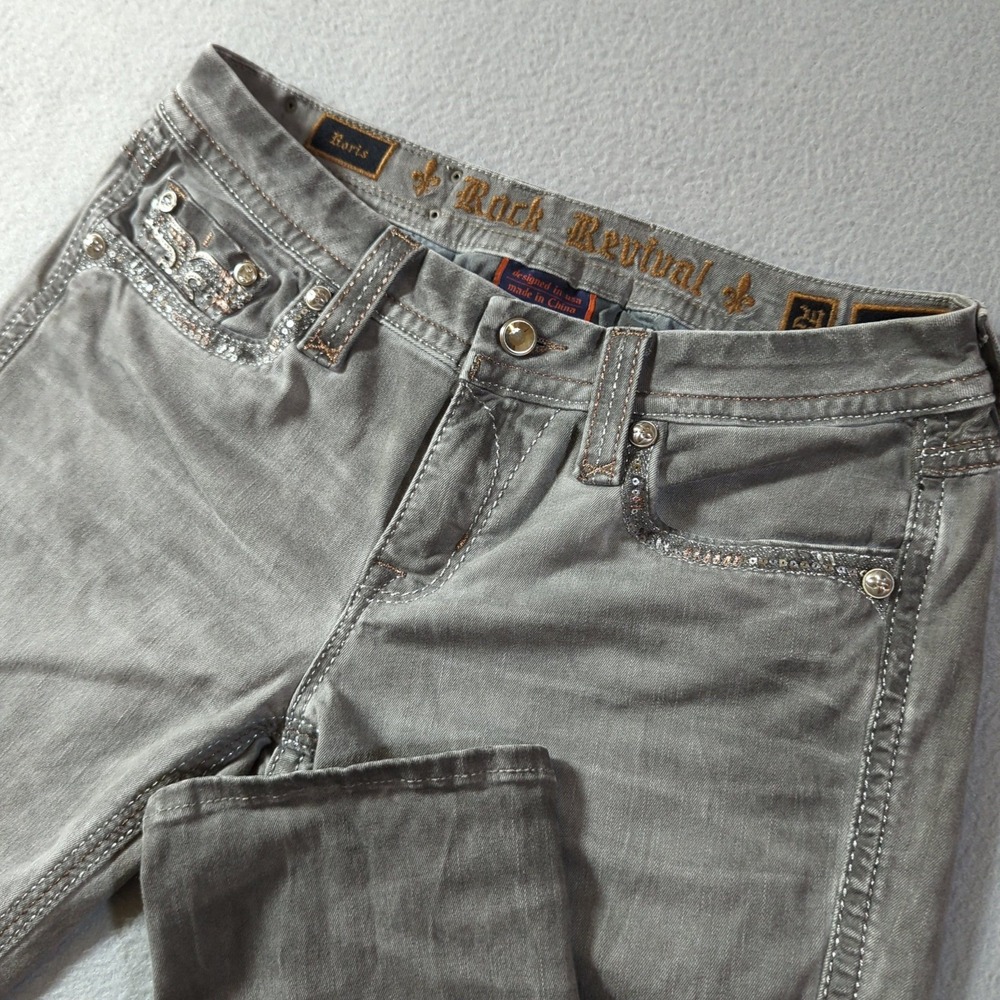 Rock Revival Gray Ankle Cropped Jeans with Embellished Pockets